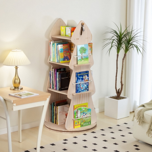 4 Tier Tree-Shaped Rotating Wooden Bookshelf, 360° Spinning Book Organizer with Double-Sided Storage for Home, Bedroom, Kids' Room, Classroom