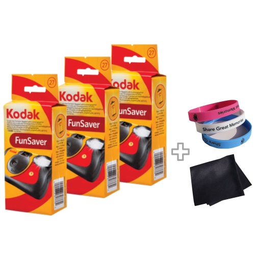 Kodak FunSaver Disposable Camera 800 ISO 35mm with Flash 27 Exposures Plus 100% Silicone Wrist Band and a Microfiber Cleaning Cloth