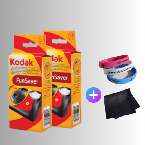 Kodak FunSaver Disposable Camera 800 ISO 35mm with Flash 27 Exposures Plus 100% Silicone Wrist Band and a Microfiber Cleaning Cloth
