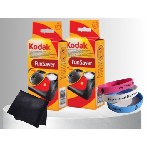 Kodak FunSaver Disposable Camera 800 ISO 35mm with Flash 27 Exposures Plus 100% Silicone Wrist Band and a Microfiber Cleaning Cloth