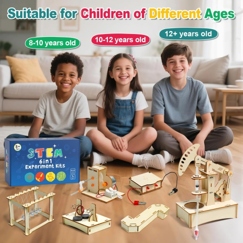 Trousses scientifiques 6 en 1 pour enfants, trousses de construction en bois, projets scientifiques pour enfants de 8 à 12 ans, jouets STIM pour