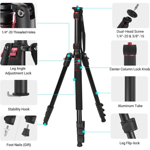 SmallRig 68" Camera Tripod, Foldable Aluminum Tripod & Monopod, Compatible with1/4"-20 and 3/8"-16 Video Head, Payload 33lb, Adjustable Height from