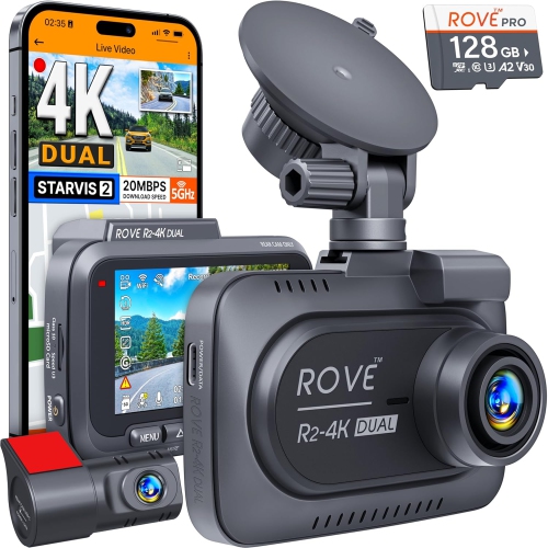 ROVE R2-4K DUAL Dash Cam Front and Rear, STARVIS 2 Sensor, FREE 128GB Card Included, 5G WiFi - up to 20MB/s Fastest Download Speed with App, 4K