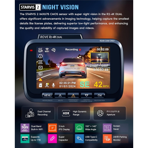 ROVE R2-4K DUAL Dash Cam Front and Rear, STARVIS 2 Sensor, FREE 128GB Card Included, 5G WiFi - up to 20MB/s Fastest Download Speed with App, 4K