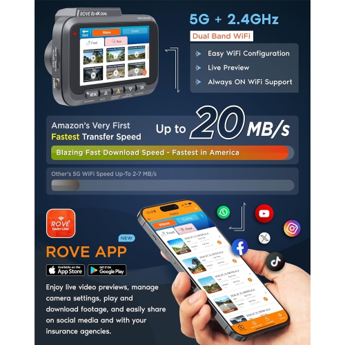 ROVE R2-4K DUAL Dash Cam Front and Rear, STARVIS 2 Sensor, FREE 128GB Card Included, 5G WiFi - up to 20MB/s Fastest Download Speed with App, 4K