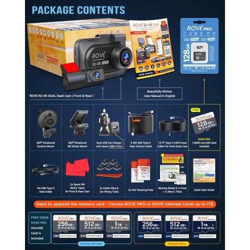 ROVE R2-4K DUAL Dash Cam Front and Rear, STARVIS 2 Sensor, FREE 128GB Card Included, 5G WiFi - up to 20MB/s Fastest Download Speed with App, 4K