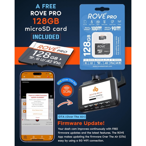 ROVE R2-4K DUAL Dash Cam Front and Rear, STARVIS 2 Sensor, FREE 128GB Card Included, 5G WiFi - up to 20MB/s Fastest Download Speed with App, 4K