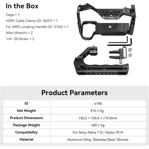SmallRig A7 III / A7R III Camera Cage Kit for Sony Alpha 7 III/Alpha 7R III, Full Cage with Top Handle for ARRI and Cable Clamp, Built-in Cold Shoe