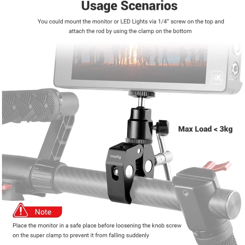 SmallRig Super Clamp Mount with Mini Ball Head Mount Hot Shoe Adapter with 1/4 Screw for LCD Field Monitor, LED Lights, Flash, Microphone, for Gopro,