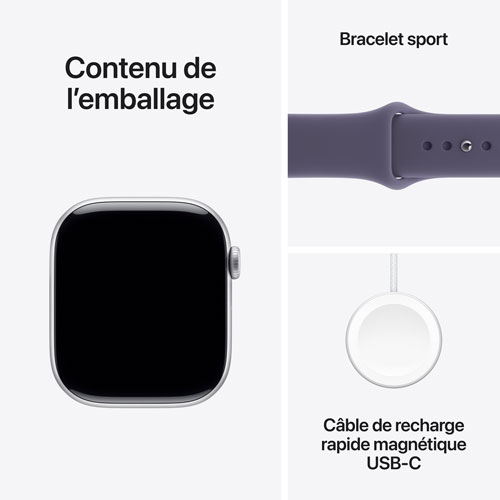 Apple Watch Series 11 avec boîtier de 42 mm en aluminium argenté et bracelet sport brume violette - Moyen/Grand