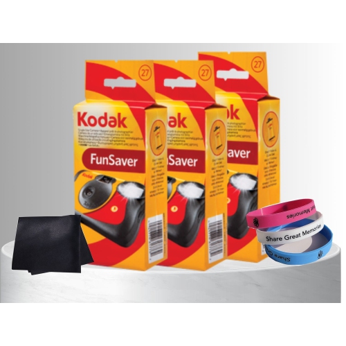 Appareil photo jetable KODAK FunSaver 800 ISO 35&nbsp;mm avec flash 27 expositions plus bracelet 100 % silicone et chiffon de nettoyage en microfibre