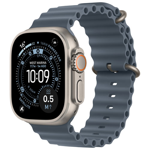 Apple Watch Ultra 3 avec boîtier de 49 mm en titane naturel et bracelet Océan bleu nautique