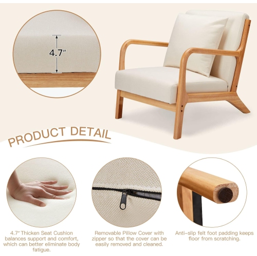 AECOJOY Mid Century Modern Accent Chair Lounge Reading Chair with Solid Wood Frame and Cozy Cushion, Cream