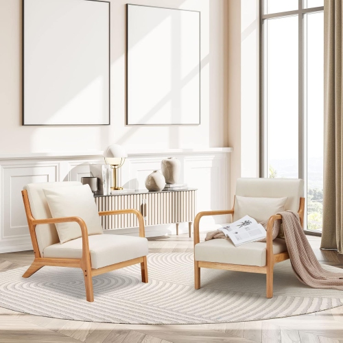 AECOJOY Mid Century Modern Accent Chair Lounge Reading Chair with Solid Wood Frame and Cozy Cushion, Cream