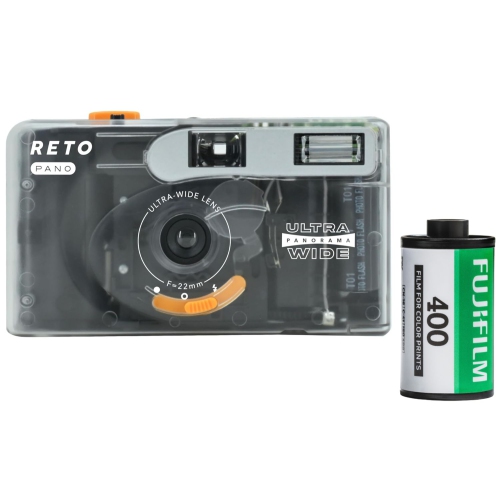 RETO PANO Reusable Film Camera 35mm Wide Lens, Panorama, Cinematic Modes, Built-in Flash Plus Fujifilm 400 Film (36 Exposure)