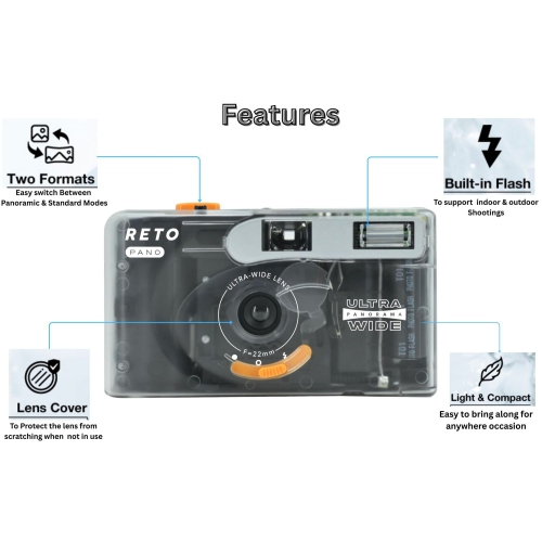 RETO PANO Reusable Film Camera 35mm Wide Lens, Panorama, Cinematic Modes, Built-in Flash Plus Fujifilm 400 Film (36 Exposure)
