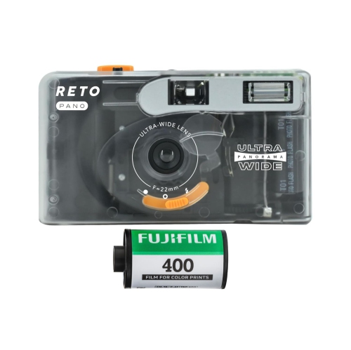 RETO PANO Reusable Film Camera 35mm Wide Lens, Panorama, Cinematic Modes, Built-in Flash Plus Fujifilm 400 Film (36 Exposure)
