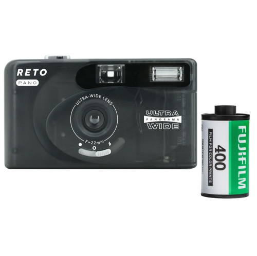 RETO PANO Reusable Film Camera 35mm Wide Lens, Panorama, Cinematic Modes, Built-in Flash Plus Fujifilm 400 Film (36 Exposure)