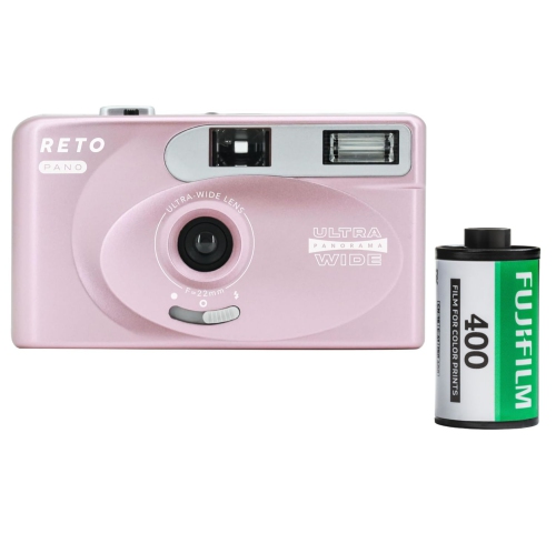 RETO PANO Reusable Film Camera 35mm Wide Lens, Panorama, Cinematic Modes, Built-in Flash Plus Fujifilm 400 Film (36 Exposure)