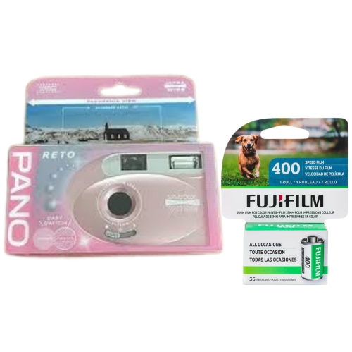 RETO PANO Reusable Film Camera 35mm Wide Lens, Panorama, Cinematic Modes, Built-in Flash Plus Fujifilm 400 Film (36 Exposure)