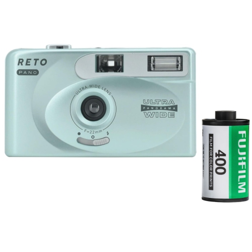 RETO PANO Reusable Film Camera 35mm Wide Lens, Panorama, Cinematic Modes, Built-in Flash Plus Fujifilm 400 Film (36 Exposure)