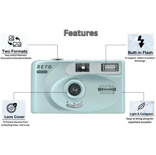 RETO PANO Reusable Film Camera 35mm Wide Lens, Panorama, Cinematic Modes, Built-in Flash Plus Fujifilm 400 Film (36 Exposure)