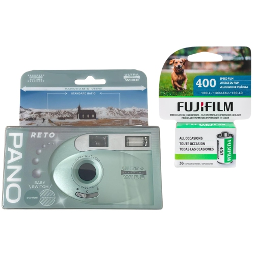 RETO PANO Reusable Film Camera 35mm Wide Lens, Panorama, Cinematic Modes, Built-in Flash Plus Fujifilm 400 Film (36 Exposure)