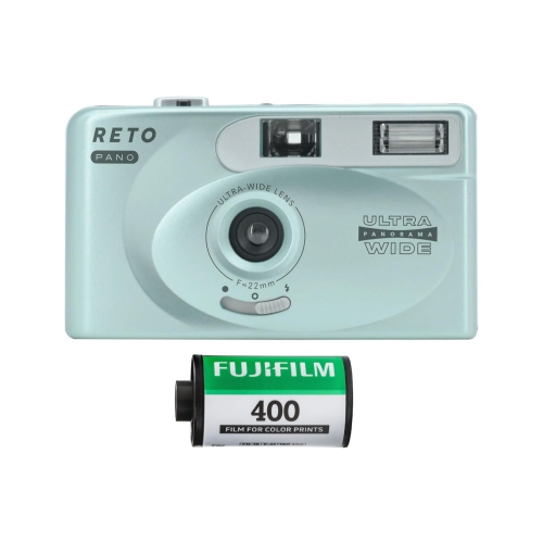 RETO PANO Reusable Film Camera 35mm Wide Lens, Panorama, Cinematic Modes, Built-in Flash Plus Fujifilm 400 Film (36 Exposure)