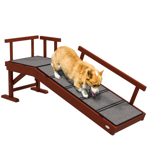 PawHut Wooden Dog Ramp for Large Dogs, 49" Long Pet Ramp with Non-slip Rug, Removable Guardrails, Dog Stairs for Couch, Bed, Brown