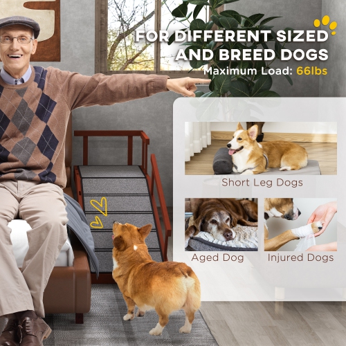 PawHut Wooden Dog Ramp for Large Dogs, 49" Long Pet Ramp with Non-slip Rug, Removable Guardrails, Dog Stairs for Couch, Bed, Brown