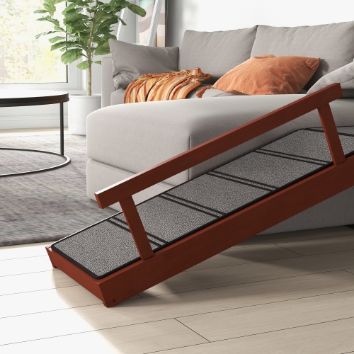 PawHut Wooden Dog Ramp for Large Dogs, 49" Long Pet Ramp with Non-slip Rug, Removable Guardrails, Dog Stairs for Couch, Bed, Brown
