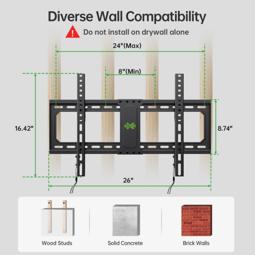 USX MOUNT Fixed TV Wall Mount for 37-82 Inch TVs up to 132 Lbs, Low Profile TV Wall Bracket Fit Wood Studs 16", 18", 24", TV Mount with Max VESA