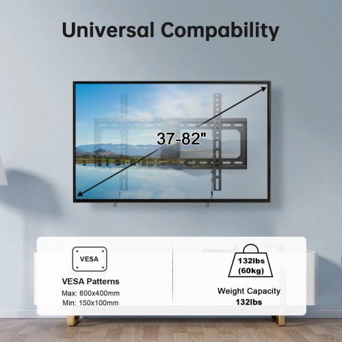 USX MOUNT Fixed TV Wall Mount for 37-82 Inch TVs up to 132 Lbs, Low Profile TV Wall Bracket Fit Wood Studs 16", 18", 24", TV Mount with Max VESA