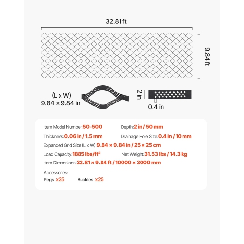 VEVOR 2 Inch Depth Gravel Grid, 32.81 x 9.84 FT / 10000 x 3000 mm, 1880 LBS Per Sq ft Grass Ground Retainer, Permeable Geo Grids Driveway