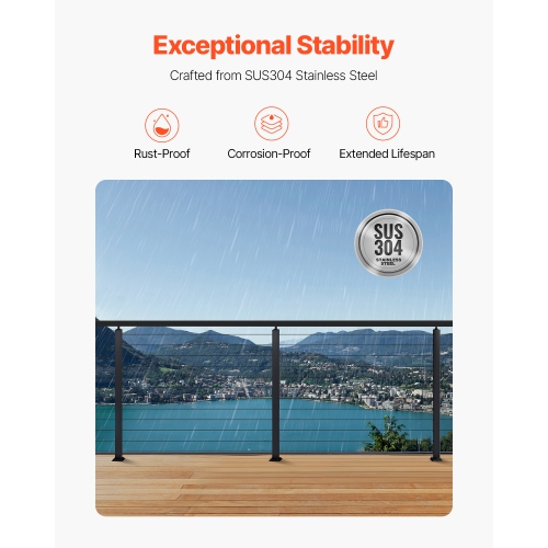 VEVOR 42x2x2 Inch Cable Railing Post, Level Deck Stair Posts, 1-Pack Stainless Steel Cable Handrail Post, Pre-Drilled Pickets with Mounting Bracket