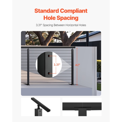 VEVOR 42x2x2 Inch Cable Railing Post, Level Deck Stair Posts, 1-Pack Stainless Steel Cable Handrail Post, Pre-Drilled Pickets with Mounting Bracket