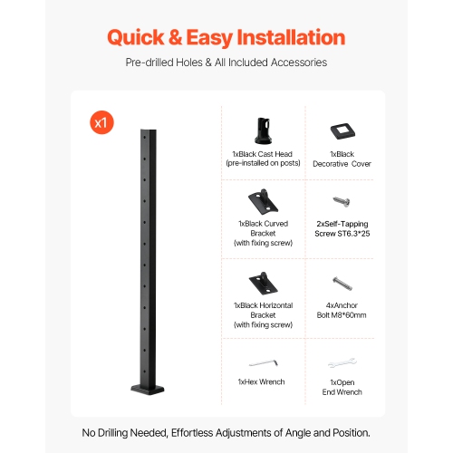 VEVOR 42x2x2 Inch Cable Railing Post, Level Deck Stair Posts, 1-Pack Stainless Steel Cable Handrail Post, Pre-Drilled Pickets with Mounting Bracket