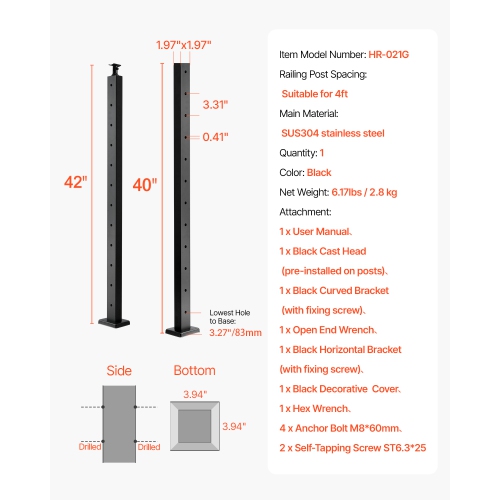VEVOR 42x2x2 Inch Cable Railing Post, Level Deck Stair Posts, 1-Pack Stainless Steel Cable Handrail Post, Pre-Drilled Pickets with Mounting Bracket