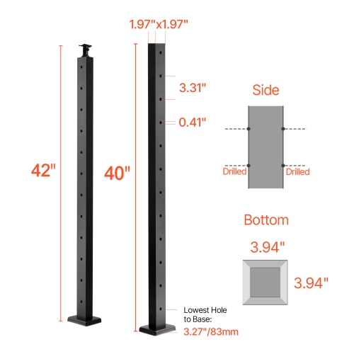 VEVOR 42x2x2 Inch Cable Railing Post, Level Deck Stair Posts, 1-Pack Stainless Steel Cable Handrail Post, Pre-Drilled Pickets with Mounting Bracket