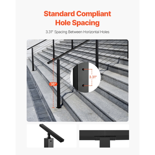 VEVOR 36x1x2 Inch Cable Railing Post, Stair Railing Post, with Pre-Drilled 30° Angled Holes, Stainless Steel Cable Rail Post with Horizontal and