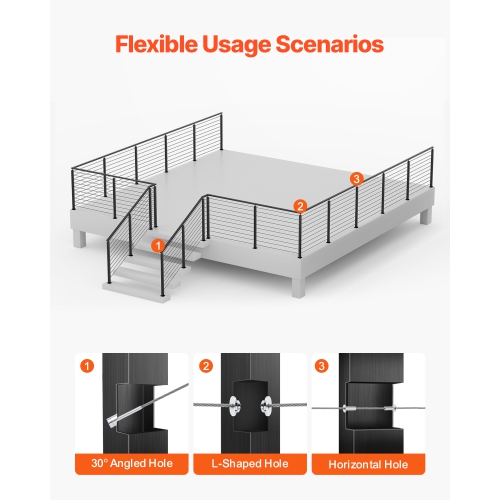 VEVOR 36x1x2 Inch Cable Railing Post, Stair Railing Post, with Pre-Drilled 30° Angled Holes, Stainless Steel Cable Rail Post with Horizontal and