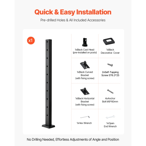 VEVOR 36x1x2 Inch Cable Railing Post, Stair Railing Post, with Pre-Drilled 30° Angled Holes, Stainless Steel Cable Rail Post with Horizontal and