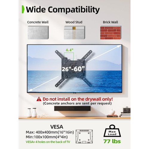 USX MOUNT Full Motion TV Wall Mount for 26-60 Inch TVs up to 77Lbs, Wall Mount TV Bracket, Single Stud Articulating TV Mount, Smooth Swivel