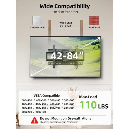 USX MOUNT Full Motion TV Wall Mount Bracket for 42-84 Inch TVs, Fits 16/18/24 Inch Wood Studs Spacing, Smooth Swivel Extension, 110 Lbs Capacity, Max