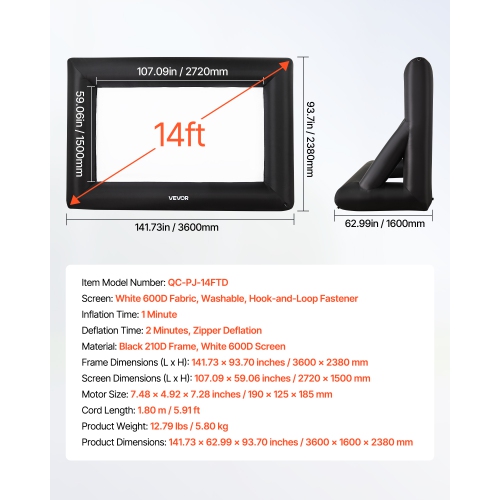 Écran de cinéma gonflable VEVOR 14&nbsp;pi, écran de projection gonflable avec sac de rangement portatif, projecteur facile à installer 16:9 films