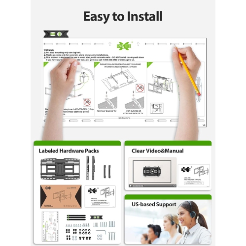 USX MOUNT Full Motion TV Wall Mount Bracket for Most 32-90 Inch TVs with Sliding Design for Centering, Holds up to 150lbs, Fits 16, 18, 24 inch Studs