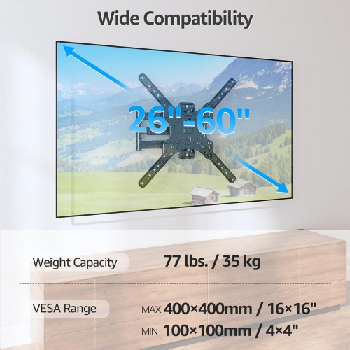 MOUNTUP TV Wall Mounts for Most 26-60 Inches TVs, Full Motion TV Bracket with Swivel and Extend 15.3 Inch, Articulating Arms, Tilt, Leveling, Single