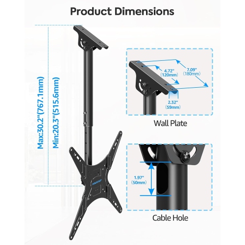 MOUNTUP Ceiling TV Mount for Most 24''-65'' TVs, Full Motion Height Adjustable TV Mount Bracket, Holds up to 99lbs, Max VESA 400x400mm