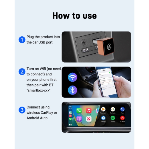 2-in-1 Wireless CarPlay-Android Auto Converter Bluetooth/WiFi Automatic Connection Supports Original Car Control Plug and Play CarPlay Box Car Adapter
