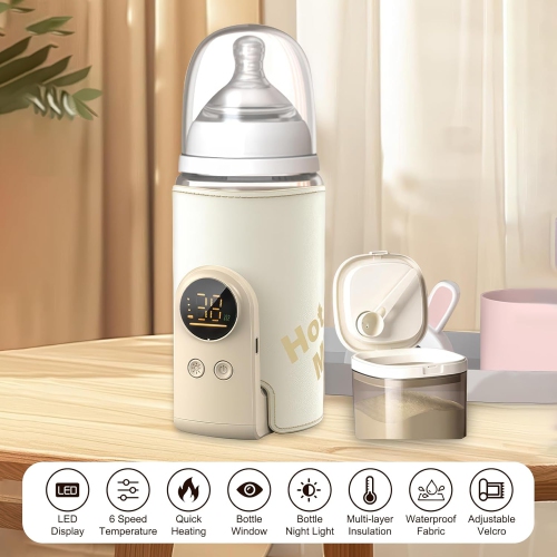 Wireless Milk Warmer with LED Temperature Display 10000 mAh Bottle Warmer Baby On the Go 6-Level Fast Heating, USB-C Charging, Thermal Insulation